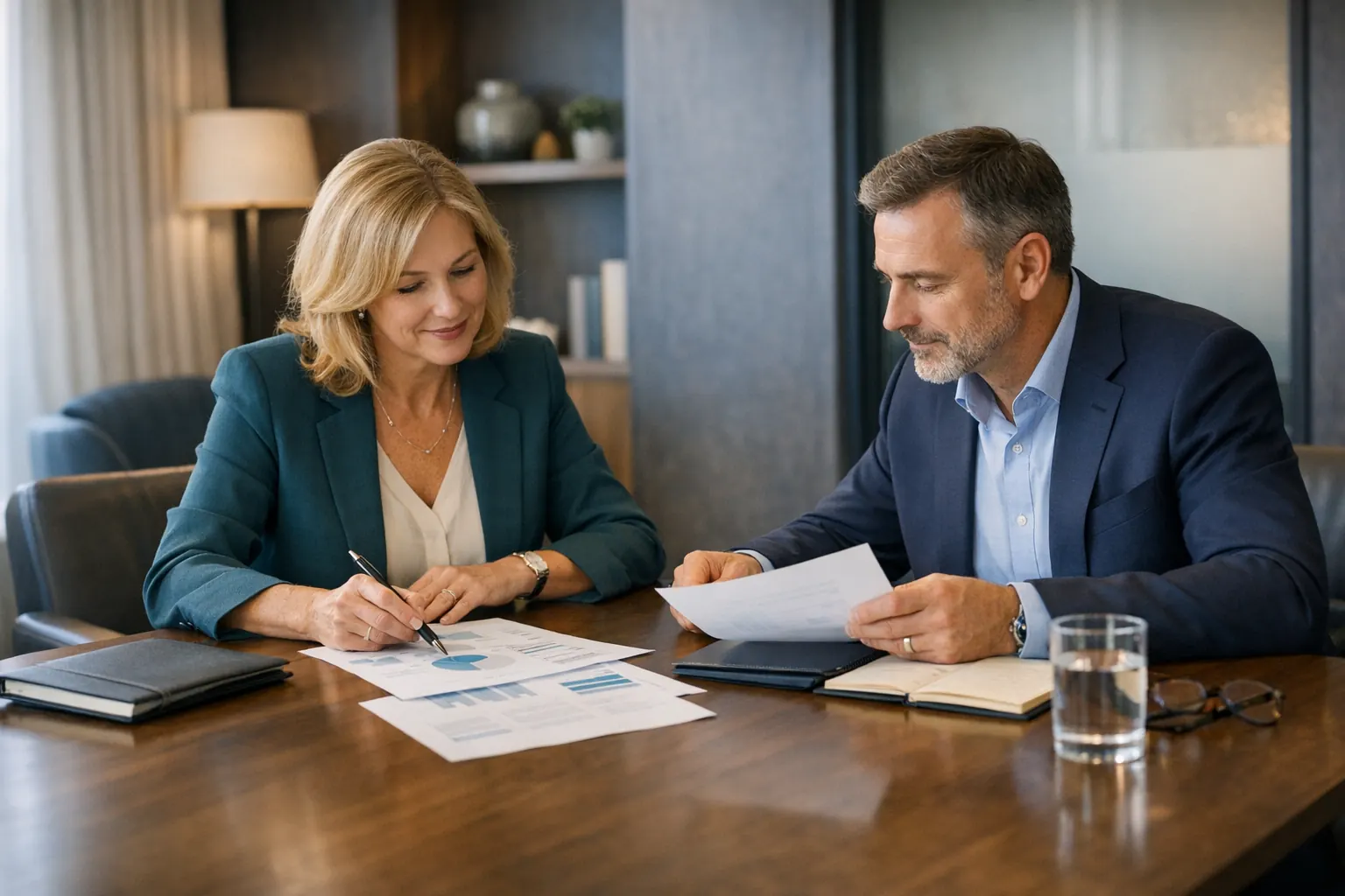 Professional business workspace with planning documents and a premium consulting atmosphere.